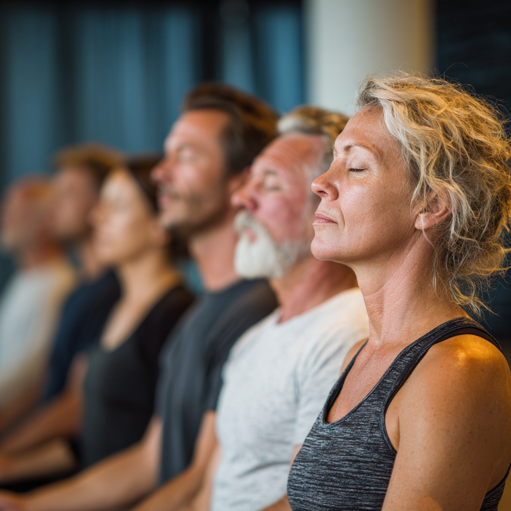 Diverse group of German adults of different ages practicing breathing exercises in a calming yoga studio environment